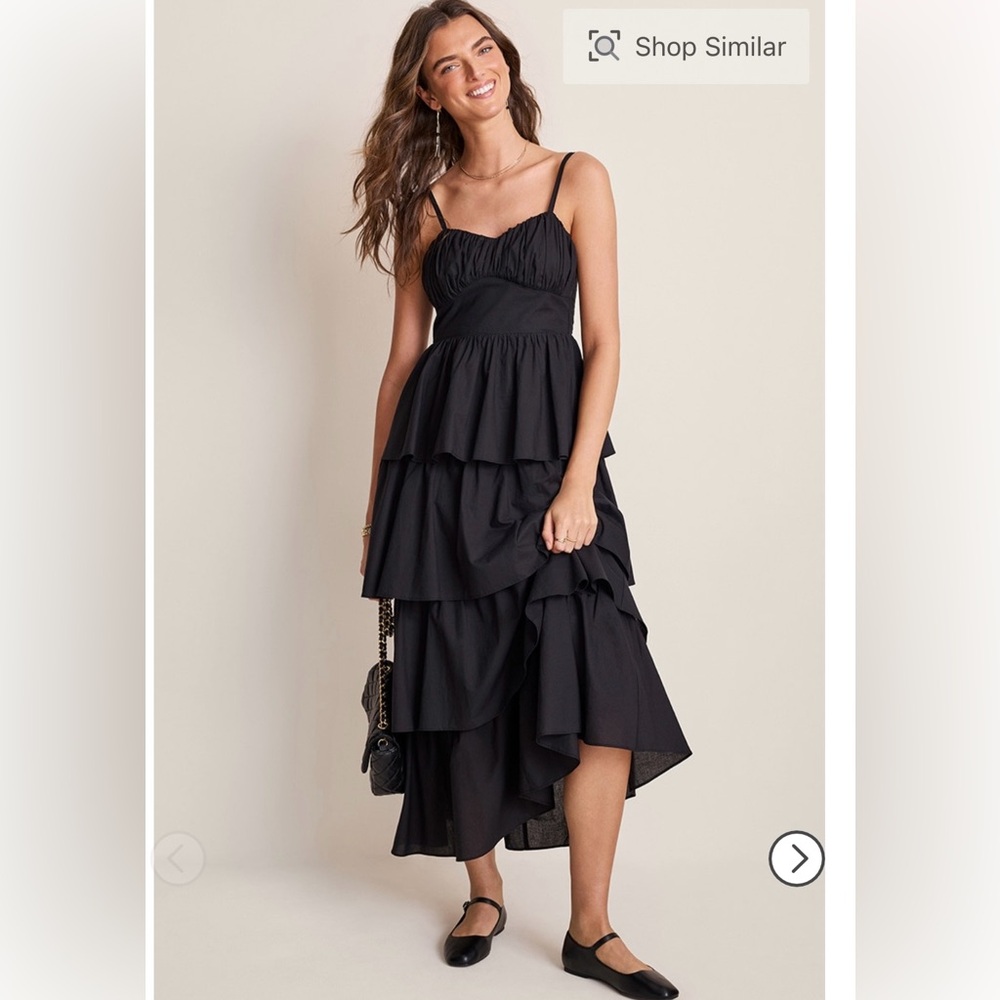 NWT XS Black Tiered Ruffle Spaghetti-Strap Dress Ruffle layer flowy casual party